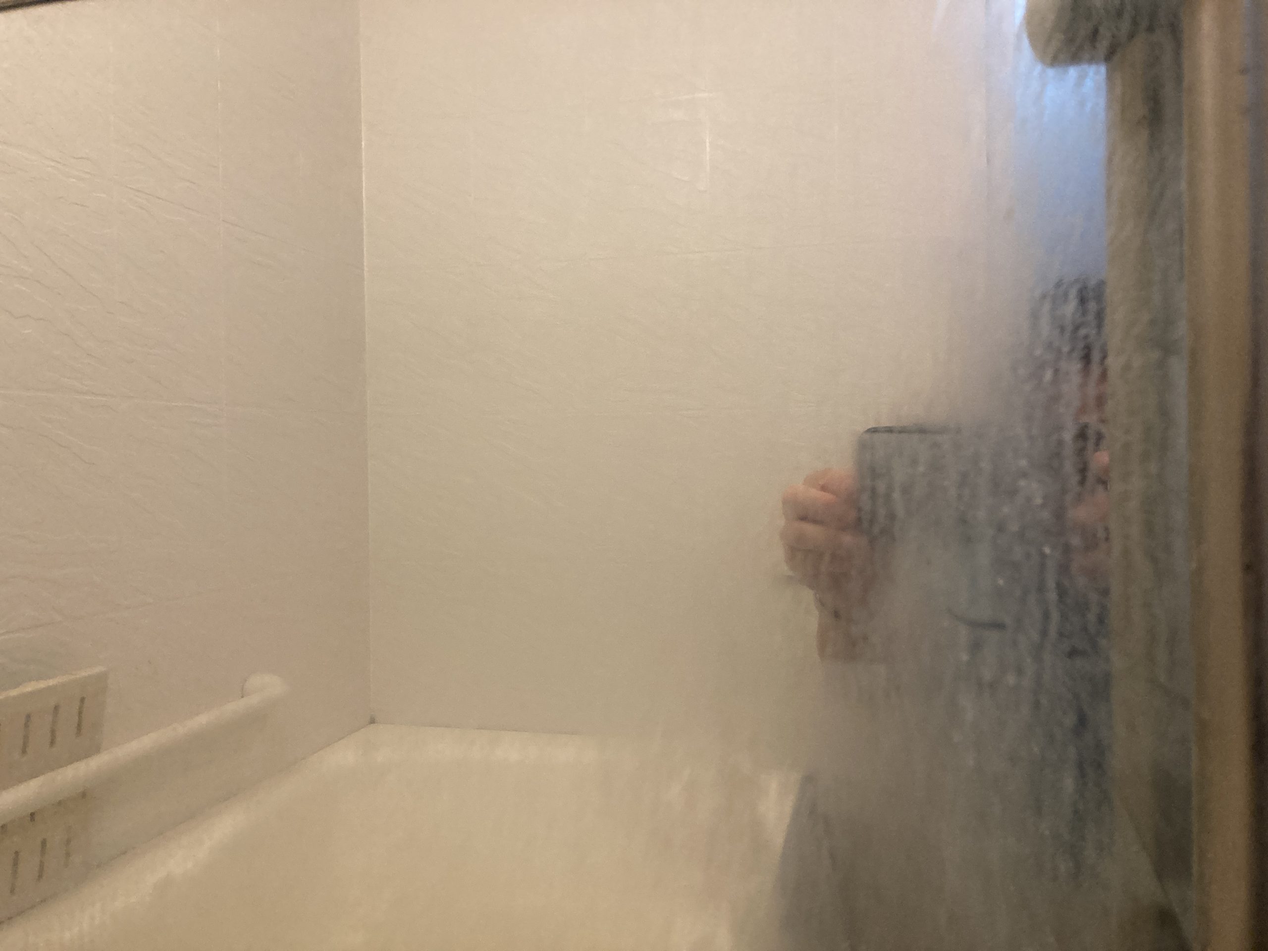 水アカやウロコ汚れで全体が白く曇り、まったく映らない状態。