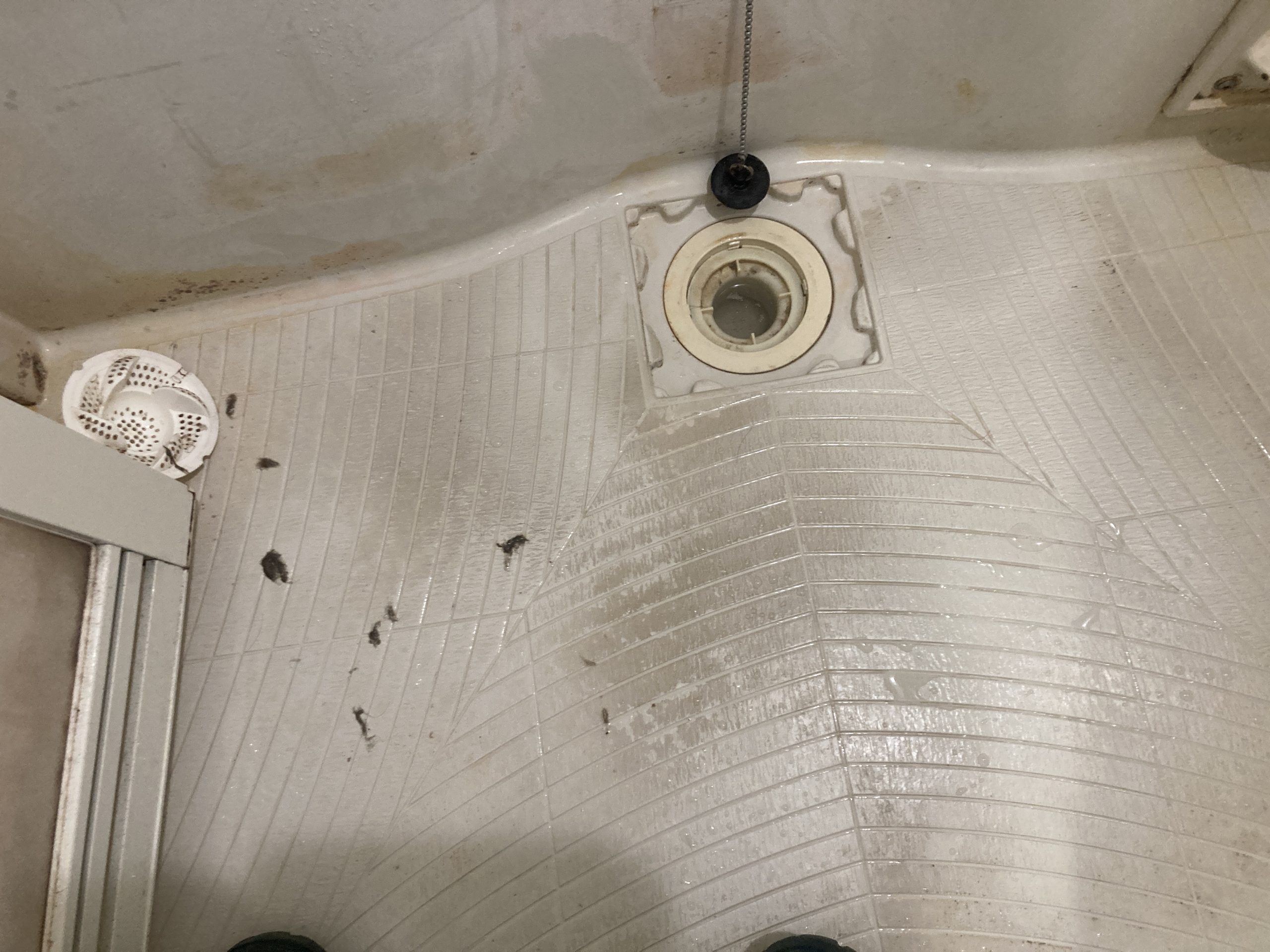 浴室の床に石鹸カスの汚れが付着しての清掃前