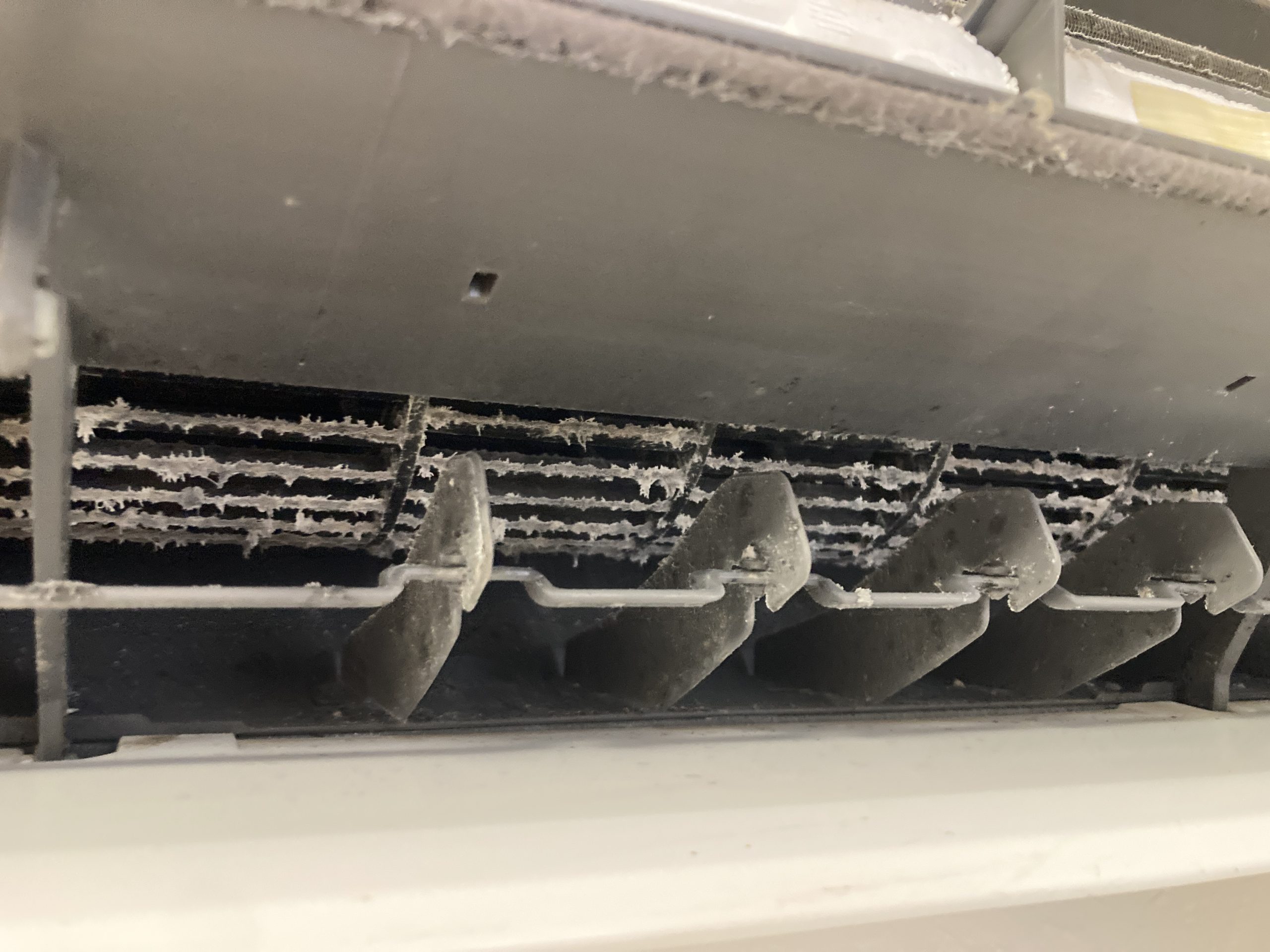 吹き出し口の奥に黒カビやホコリの付着が確認できました。
この状態のまま使用を続けると、カビを含んだ空気が室内に広がってしまいます。